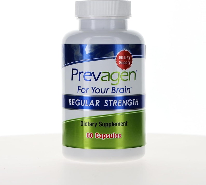 May include: A white plastic bottle of Prevagen dietary supplement capsules with a white screw-top lid. The label features blue and green accents, with text reading Prevagen For Your Brain, Regular Strength, 60 Day Supply, and 60 Capsules.