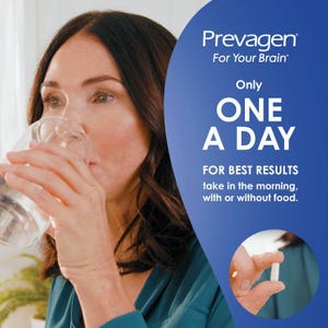 May include: A Prevagen supplement advertisement featuring the text Prevagen For Your Brain, Only ONE A DAY, and FOR BEST RESULTS take in the morning, with or without food. A small white capsule is shown in a circular inset at the bottom right.