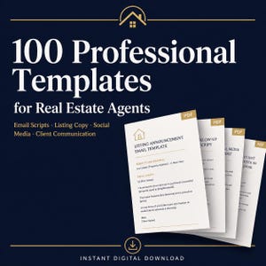 Peut inclure: Graphique bleu marine avec le texte "100 Modèles Professionnels pour les Agents Immobiliers". L'image comprend des exemples de modèles d'e-mails, de copies de listes et de contenu de médias sociaux. Les mots "Téléchargement Numérique Instantané" sont en bas.