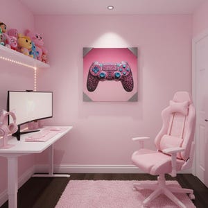 May include: A pink gaming room with a white desk, computer, and pink accessories. A pink gaming chair and a framed image of a bedazzled game controller are also present. Plush toys sit on a shelf, and a pink rug covers the floor.