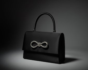 Black Evening Bag, Rhinestone Infinity Bow Top Handle Handbag, Luxury Style Purse