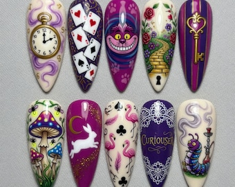 Alice In Wonderland Press On Nails Cute Cheshire Cat Fake Nails Mad Hatter Tea Party Press Ons Purple White Rabbit Mushroom Flamingo Nails