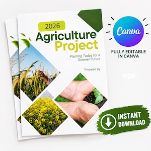 Puede incluir: Una portada de documento titulada 2026 Agriculture Project Planting Today for a Greener Future. El diseño presenta inserciones fotográficas en forma de diamante que muestran tallos de maíz, flores amarillas y manos sosteniendo tierra.