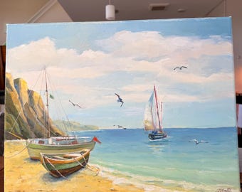 Original Oil Painting: Sailboats on Coastal Seascape Beach House Wall Art