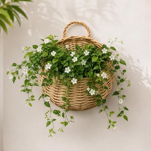 May include: A round, light brown woven wicker wall basket featuring a sturdy handle at the top. The basket is filled with a lush green trailing plant that has numerous small, five-petaled white flowers cascading over the sides of the container.