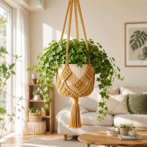 Puede incluir: Un colgador de plantas de macramé color amarillo mostaza con un patrón de nudos de diamante y una borla larga en la parte inferior, que sostiene una maceta de cerámica blanca acanalada con una hiedra verde y frondosa colgando.