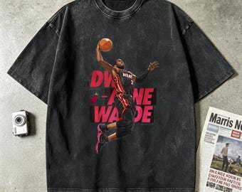 Dwyane Wade Dunk Graphic Oversized Vintage Washed T-Shirt, Retro Basketball Streetwear Top