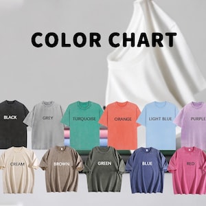 May include: A colour chart displaying eleven short-sleeve t-shirts in various solid colours including black, grey, turquoise, orange, light blue, purple, cream, brown, green, blue, and red, with the text COLOR CHART printed at the top.