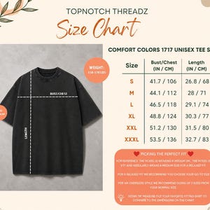May include: A black Comfort Colors 1717 unisex t-shirt displayed with a size chart. The chart lists bust/chest and length measurements in inches and centimeters for sizes S through XXXL, alongside weight and fit recommendations for the garment.