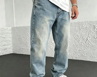 Vintage Washed Blue Jeans, Wide Leg Loose Denim Trousers, Casual Streetwear Pants