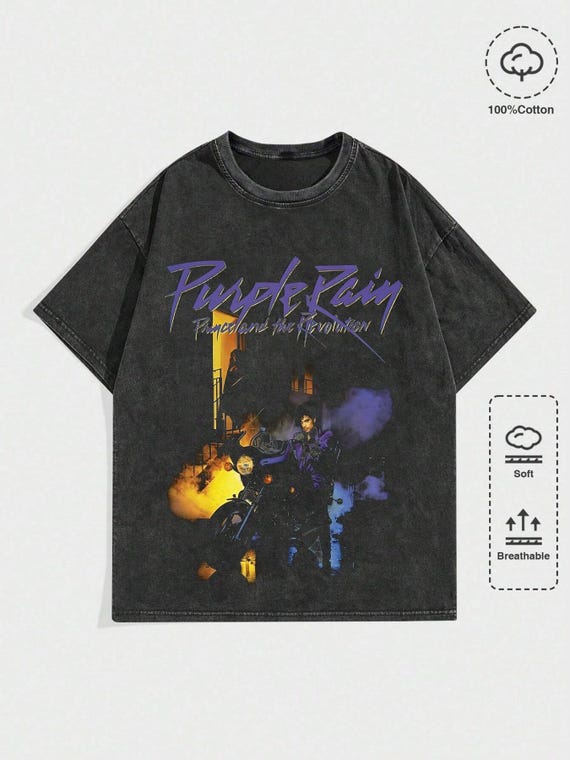 Prince Purple Rain Shirt Concert Graphic DTG Print Vintage Acid Wash Cotton Tee