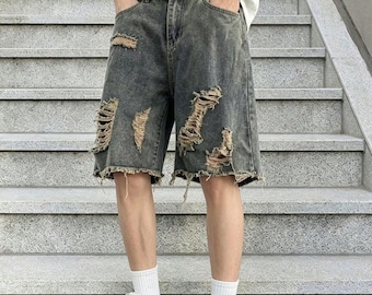 Herren Distressed Dark Grey Denim Jorts, Ripped Fransen Saum Lockere Shorts