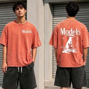 Vintage Oversized Washed Modelo Cowboy UFO Desert DTG Graphic Tee, Retro Western Beer Shirt