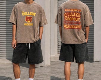 Kanye West College Dropout Graphic Vintage Washed Tee, Retro Album Bear Oversized Cotton Top