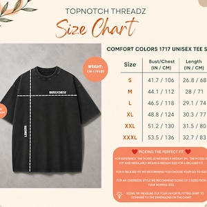 May include: A black short-sleeved t-shirt displayed next to a size chart for Comfort Colors 1717. The chart lists sizes S through XXXL with corresponding bust and length measurements in inches and centimetres, plus weight and fit recommendations.