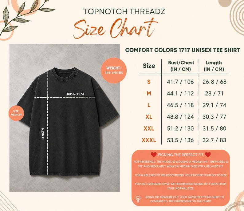 May include: A black short-sleeved t-shirt displayed next to a size chart for Comfort Colors 1717. The chart lists sizes S through XXXL with corresponding bust and length measurements in inches and centimetres, plus weight and fit recommendations.