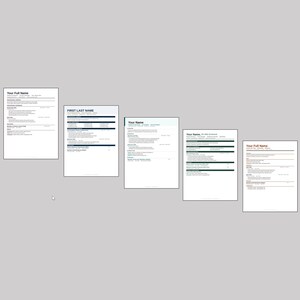 May include: Five white sheets of paper with text, including the words "Your Full Name" and "First Last Name". The documents have blue and brown lines and borders. The background is a solid gray color.