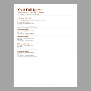 Op de afbeelding: Een wit cv-sjabloon met de tekst "Your Full Name" bovenaan, gevolgd door contactgegevens en een sectie voor professionele referenties. Het document bevat tijdelijke aanduidingen voor functietitels, bedrijfsnamen en contactgegevens.