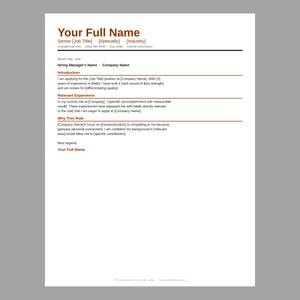 May include: A resume template with the heading "Your Full Name" in a serif font. The document includes sections for job title, contact information, introduction, relevant experience, and a section titled "Why This Role."