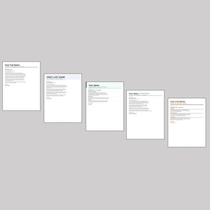 以下が含まれることがあります： グレーの背景に斜めに配置された、テキストが書かれた5枚の白い紙。左上のシートには「Your Full Name」と書かれています。2枚目のシートには「FIRST LAST NAME」と書かれています。3枚目のシートには「Your Name」と書かれています。4枚目のシートには「Your Name」と書かれています。5枚目のシートには「Your Full Name」と書かれています。