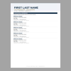 Puede incluir: Una plantilla de currículum vitae profesional con un diseño limpio y moderno. El documento presenta un encabezado con el nombre, el título y la información de contacto. El cuerpo incluye una sección para referencias profesionales.