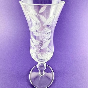 Vintage Libbey Rock Sharpe Arctic Rose Parfait Glass.  Mid-Century Etched Floral Laurel Leaf Ball Stem