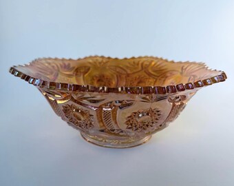 Vintage Carnival Glass Bowl Marigold - Sunburst and Floral Pattern with Scalloped Edge