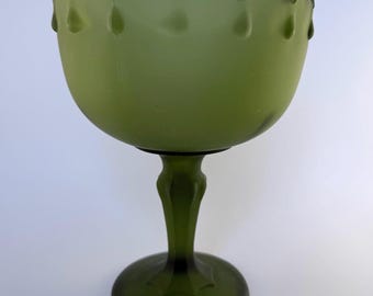 Vintage 1970's Indiana Glass Avocado Green Teardrop Frosted Satin Compote Pedestal Bowl