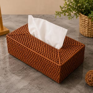 以下が含まれることがあります： 茶色の籐を編み込んで作られた長方形のティッシュボックスカバー。外側全体に均一で密な格子模様が施されており、中央の長方形の開口部から白い紙ティッシュが1枚突き出ている。