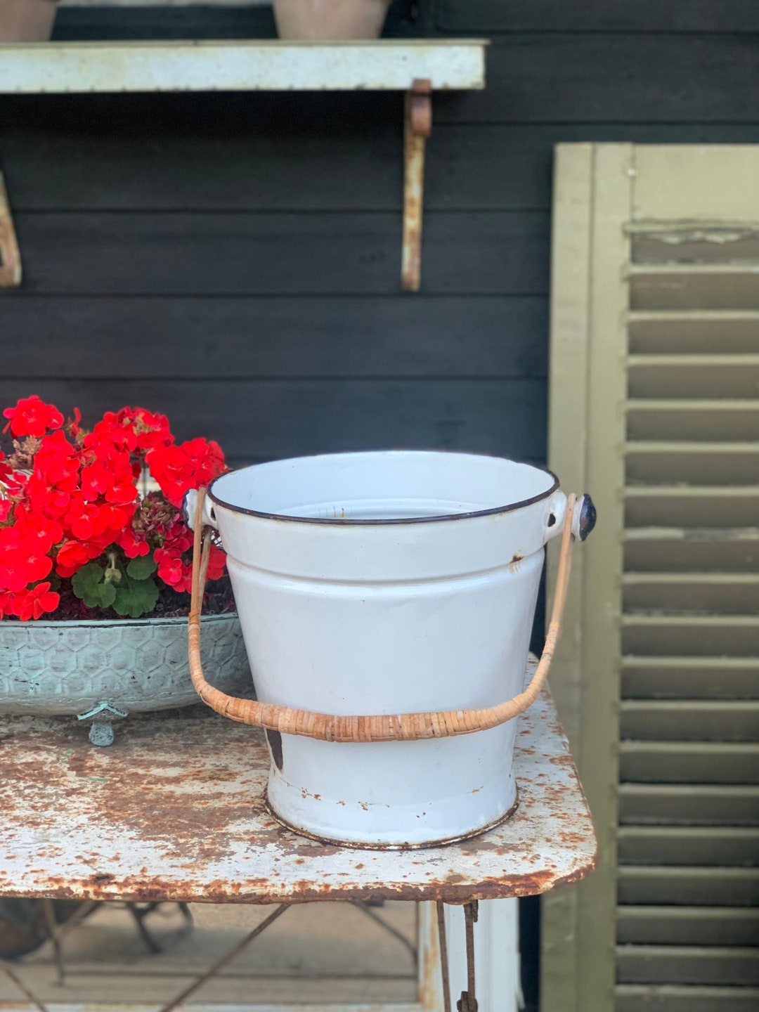 Vintage Enamelware Bucket With Bamboo Handle 28cm High 29cm Etsy