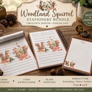 May include: A Woodland Squirrel stationery bundle featuring three designs including a lined notepad, lined journal paper, and a blank notes pad. The paper features watercolor illustrations of squirrels and mushrooms. Text includes Woodland Squirrel Stationery Bundle.