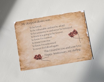 Printable Poetry Anniversary Card "My Deepest Desire" - Vintage Parchment with Roses - Digital Download