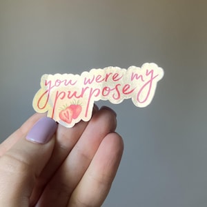 Peut inclure: Un autocollant découpé à la forme avec une finition holographique présentant le texte rose en cursive you were my purpose et une petite illustration de deux fraises rouges. L'autocollant a une bordure ondulée et irrégulière.