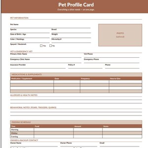 May include: A pet profile card with sections for pet information, vet details, medications, allergies, behavioral notes, and feeding schedules. The card includes space for a photo and contact information. The text "Pet Profile Card" is at the top.