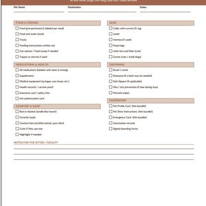 May include: A pet boarding and overnight packing checklist with sections for food, medications, gear, grooming, and paperwork. The checklist includes spaces for pet name, destination, and dates, ensuring all essentials are packed for a pet's stay.