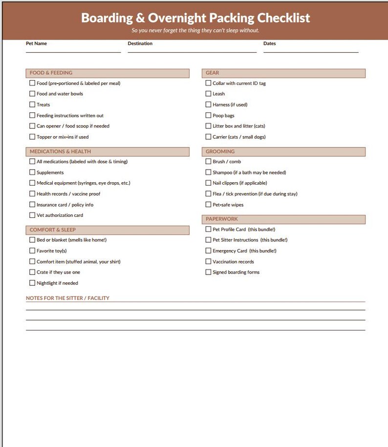 May include: A pet boarding and overnight packing checklist with sections for food, medications, gear, grooming, and paperwork. The checklist includes spaces for pet name, destination, and dates, ensuring all essentials are packed for a pet's stay.