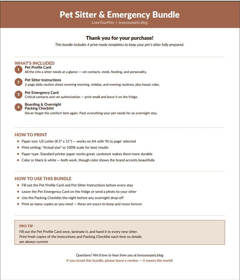 May include: Printable pet sitter and emergency bundle with four templates. Includes a pet profile card, instructions, emergency card, and packing checklist. Instructions on how to print and use the bundle are also included. The bundle is designed to help pet owners prepare for their pet's care.