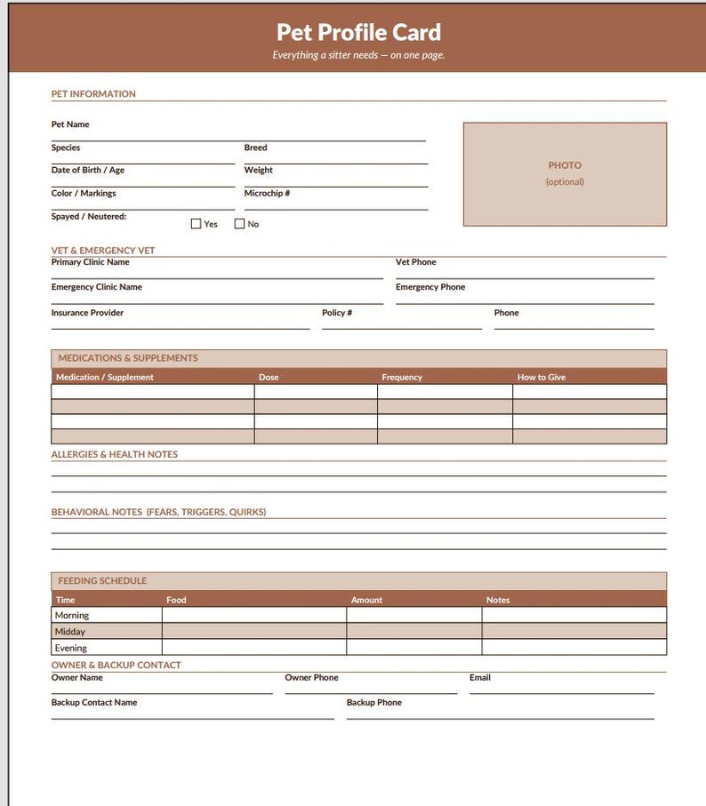 May include: A pet profile card with sections for pet information, vet details, medications, allergies, behavioral notes, and feeding schedules. The card includes space for a photo and contact information. The text "Pet Profile Card" is at the top.