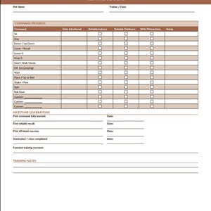 May include: A printable dog training tracker with the title "Commands Learned Tracker." The chart includes sections for command progress, milestone celebrations, and training notes. The commands include "Sit," "Stay," and "Come/Recall."