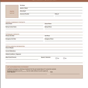 May include: A pet emergency card with a brown header and a white background. The card includes fields for pet information, owner and emergency contacts, veterinary contacts, and critical medical information. The text "Pet Emergency Card" is at the top.