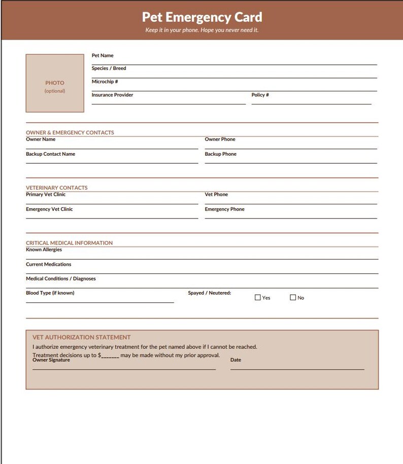 May include: A pet emergency card with a brown header and a white background. The card includes fields for pet information, owner and emergency contacts, veterinary contacts, and critical medical information. The text "Pet Emergency Card" is at the top.