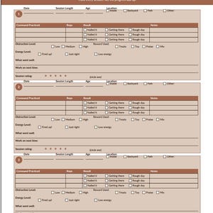 May include: Training Session Log printable. A white and red training log with sections for date, session length, age, and location. Includes fields for command practiced, reps, result, and notes. Features the text "Track every session. See the progress add up."