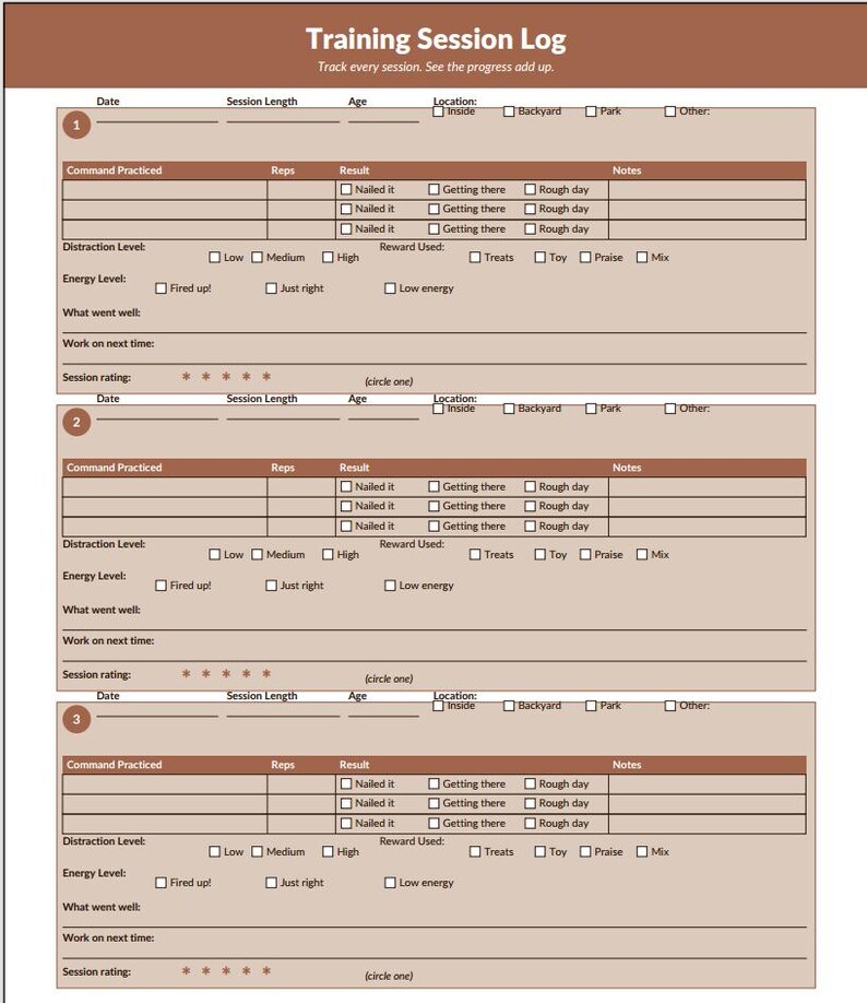 May include: Training Session Log printable. A white and red training log with sections for date, session length, age, and location. Includes fields for command practiced, reps, result, and notes. Features the text "Track every session. See the progress add up."