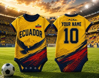 Personalisierter Ecuador Baby-Fußball-Bodysuit, Benutzerdefinierte Ecuador Fußball-Strampler, Baby Jersey Romper, Fußballfan Geschenk für Baby