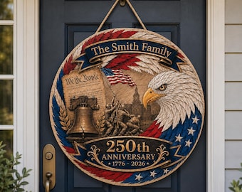 Personalized America 250th Anniversary Wood Wreath, Patriotic Front Door Decor, 1776-2026 Family Name Sign, Eagle Welcome Plaque