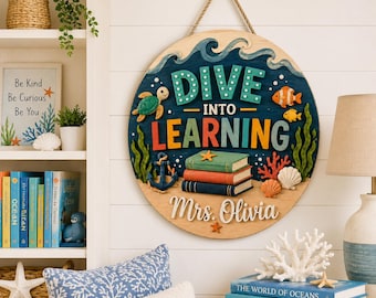Custom Coastal Teacher Welcome Sign, Personalized Sea Theme Classroom Door Hanger, Beach Wood Sign, Teacher Appreciation Gift