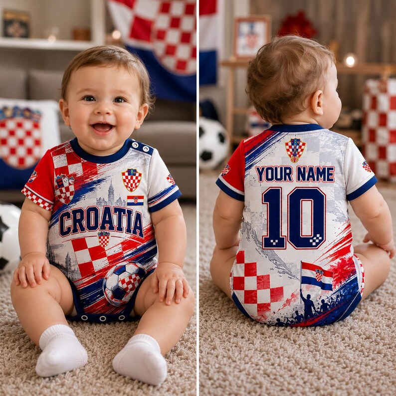 May include: A baby bodysuit with a Croatia theme. The front features the word "CROATIA" and a soccer ball graphic. The back has the text "YOUR NAME" above the number "10". The design incorporates red, white, and blue colors, with the Croatian coat of arms.