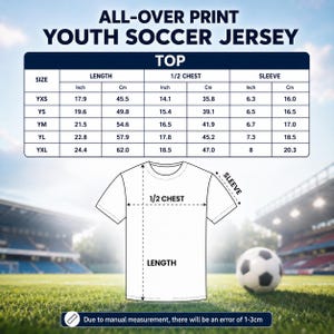 K&ouml;nnte beinhalten: Ein wei&szlig;es Jugend-Fu&szlig;balltrikot mit Gr&ouml;&szlig;entabelle. Die Tabelle zeigt Ma&szlig;e in Zoll und Zentimetern f&uuml;r L&auml;nge, halbe Brust und &Auml;rmel. Der Text "ALL-OVER PRINT YOUTH SOCCER JERSEY" steht oben.