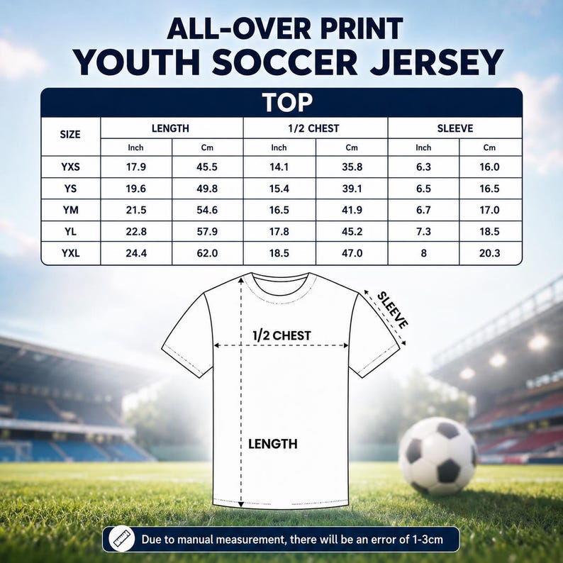 K&ouml;nnte beinhalten: Ein wei&szlig;es Jugend-Fu&szlig;balltrikot mit Gr&ouml;&szlig;entabelle. Die Tabelle zeigt Ma&szlig;e in Zoll und Zentimetern f&uuml;r L&auml;nge, halbe Brust und &Auml;rmel. Der Text "ALL-OVER PRINT YOUTH SOCCER JERSEY" steht oben.