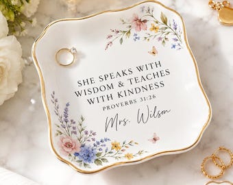 Personalized Teacher Jewelry Dish, Custom Christian Teacher Appreciation Gift, Proverbs 31 26 Ring Holder, Back to School Gift for Her
